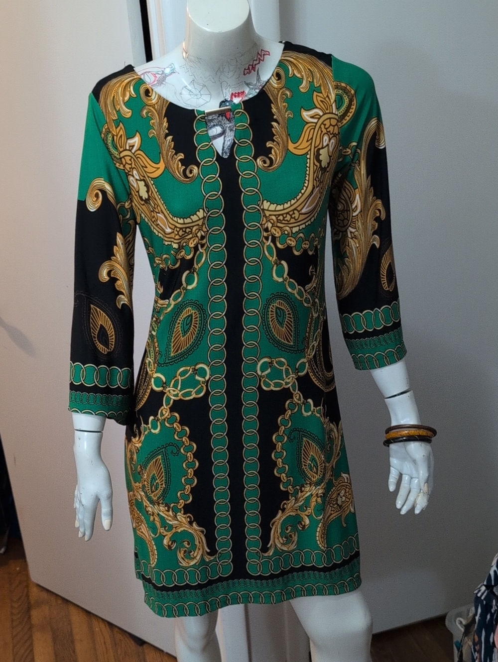 Haani Teal, Black and Gold Chain-Print Shift Dress